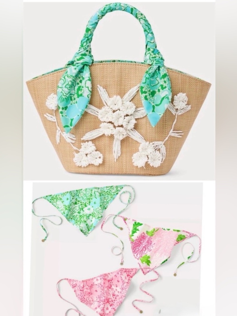 🎉WEEKEND SALE🎉Lilly Pulitzer Straw Bag & 3 Head Scarves,Burst of Joy” collection